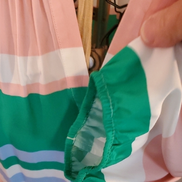 Striped Pink and Green V Neck Women's Top - Picture 3 of 8